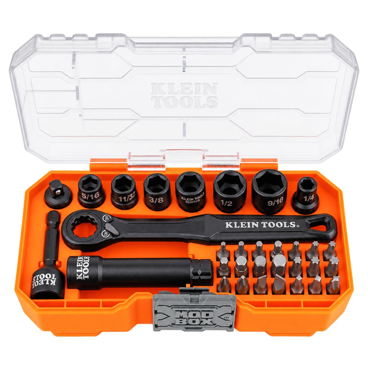 Klein 65300 Pass-through socket set, 1/4 in. drive, SAE, 32-piece