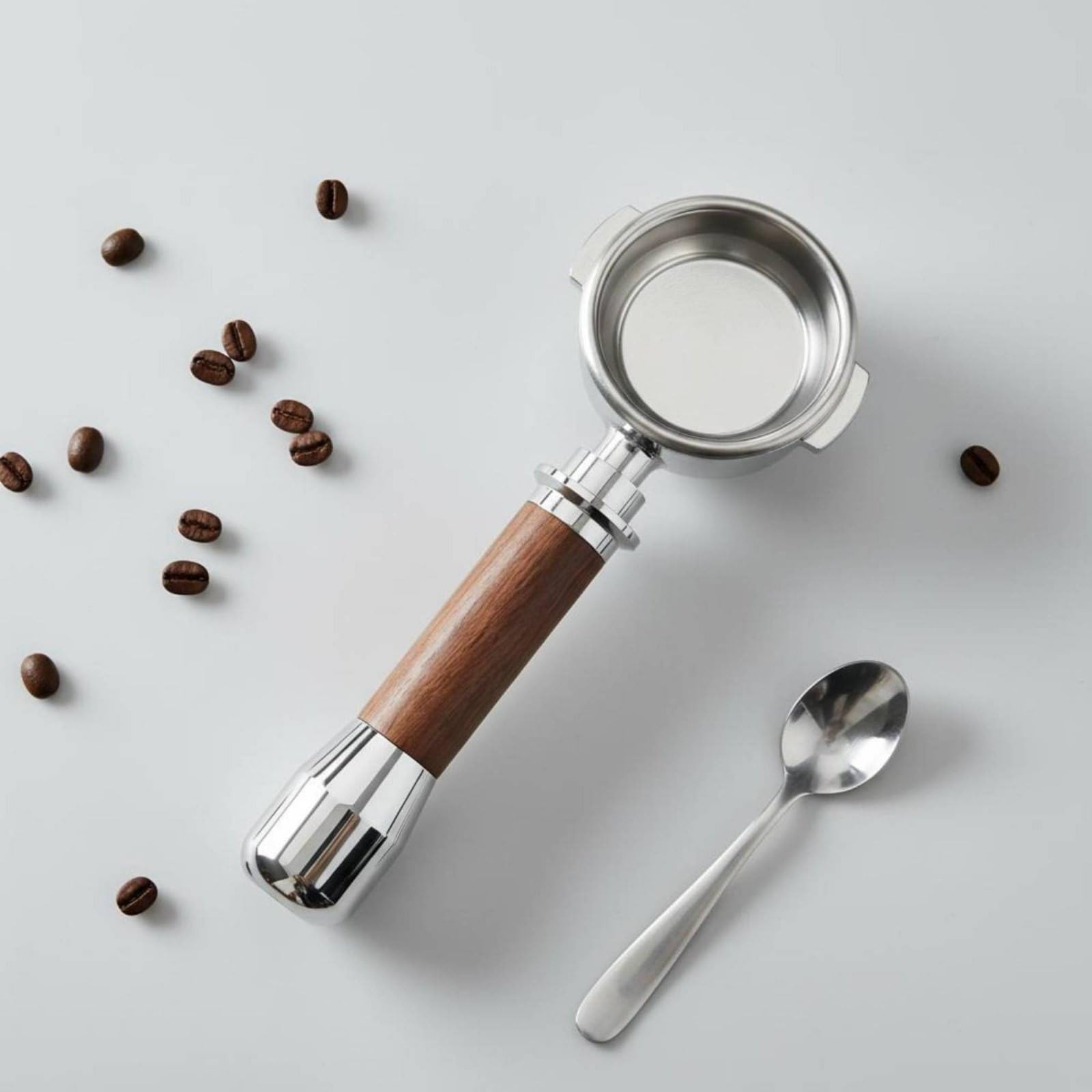 Qianly Portafiltro sin Fondo y con Fondo 2 en 1 Accesorio Coffee Specialist Flujo Uniforme para Cafetera Espresso, Marrón, Nogal De Aluminio Empalmado