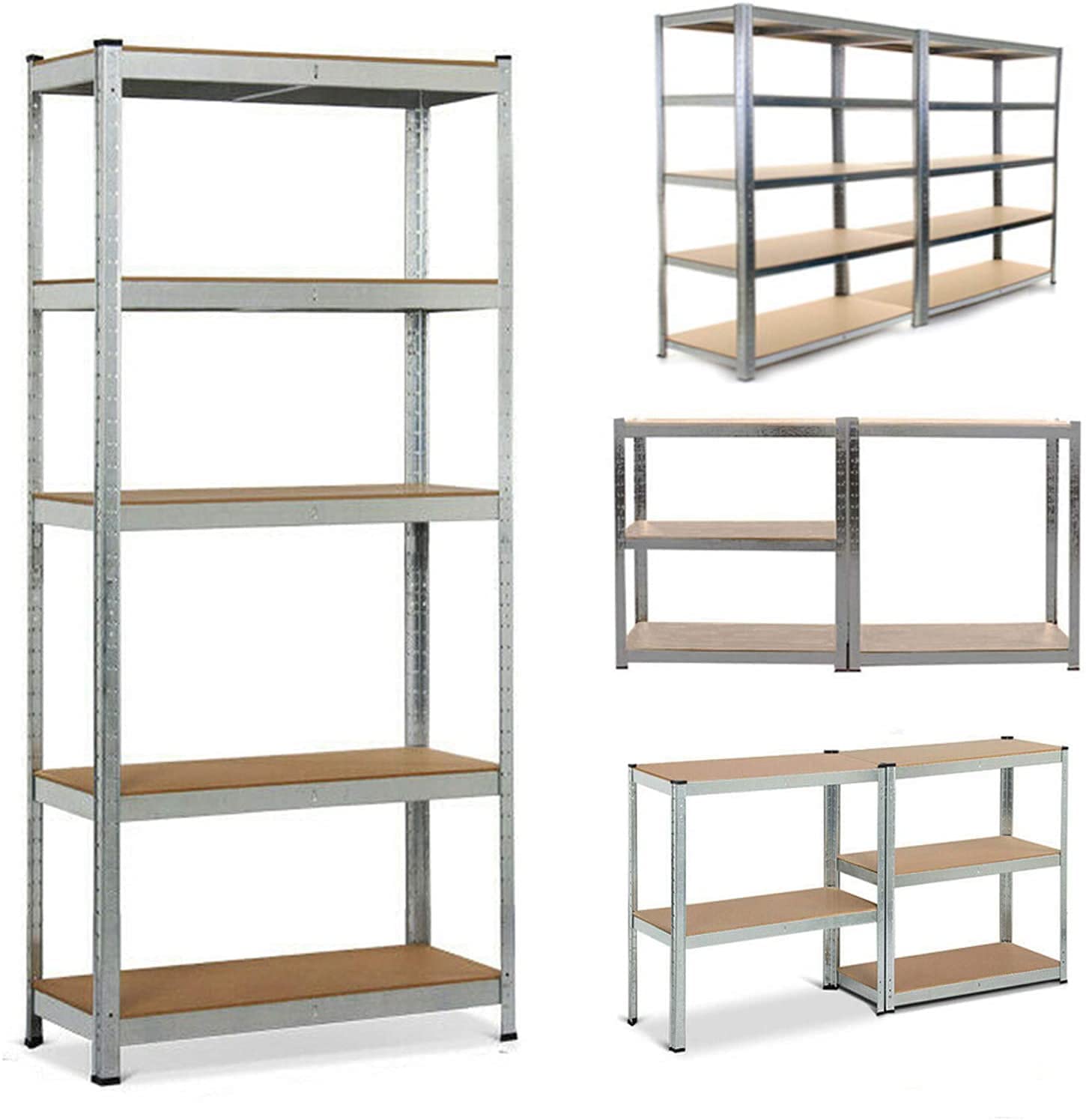 Scaffale per garage con carichi pesanti, 170 cm x 75 cm x 30 cm, 5 ripiani, capacità di carico 875 kg, in metallo, per garage, magazzino, officina, dispensa, argento