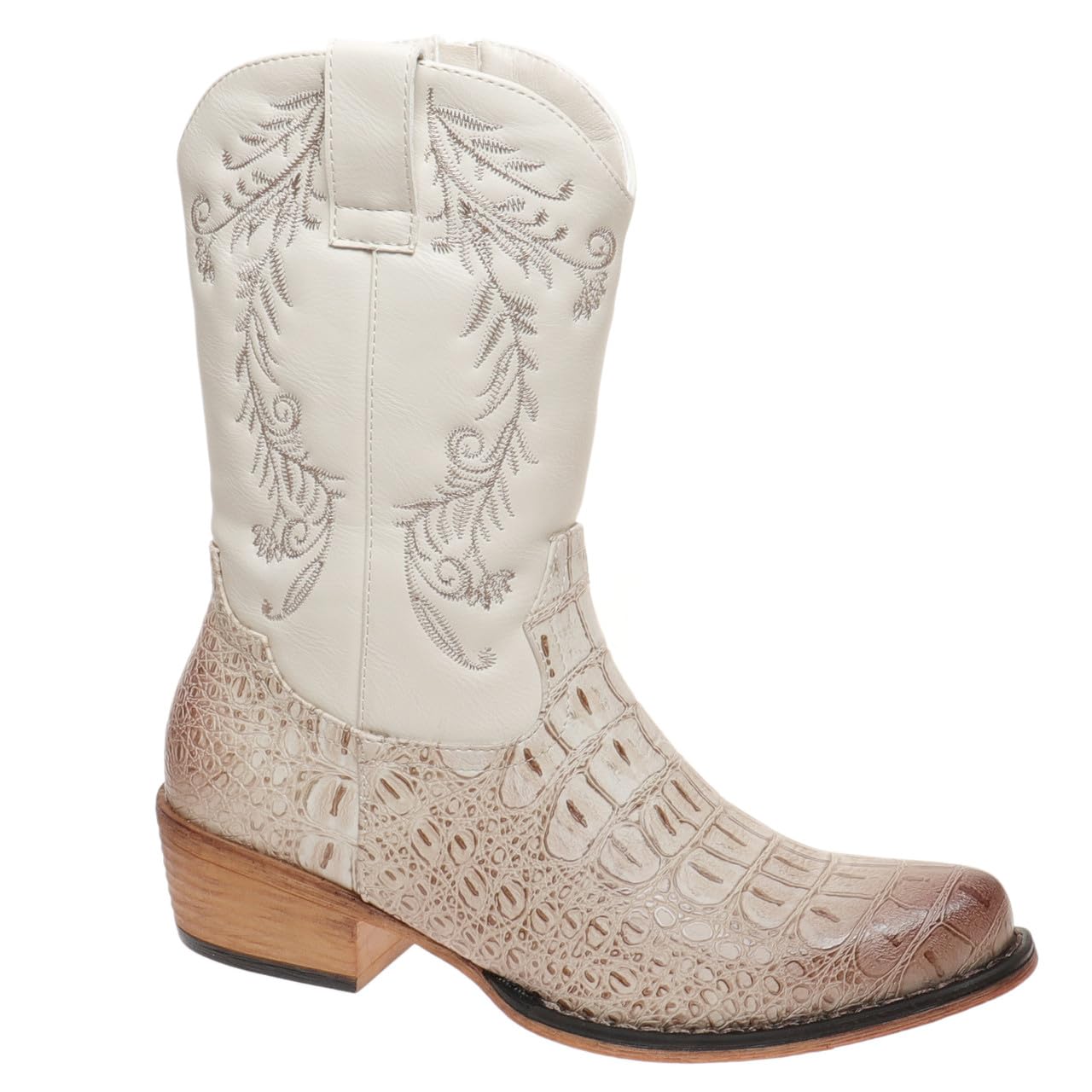 Pierre Dumas Womens Western Cowboy Boots Faux Crocodile Print Leather Embroidered Low Shaft Chunky Heel Ankle Bootie Kaylee-24