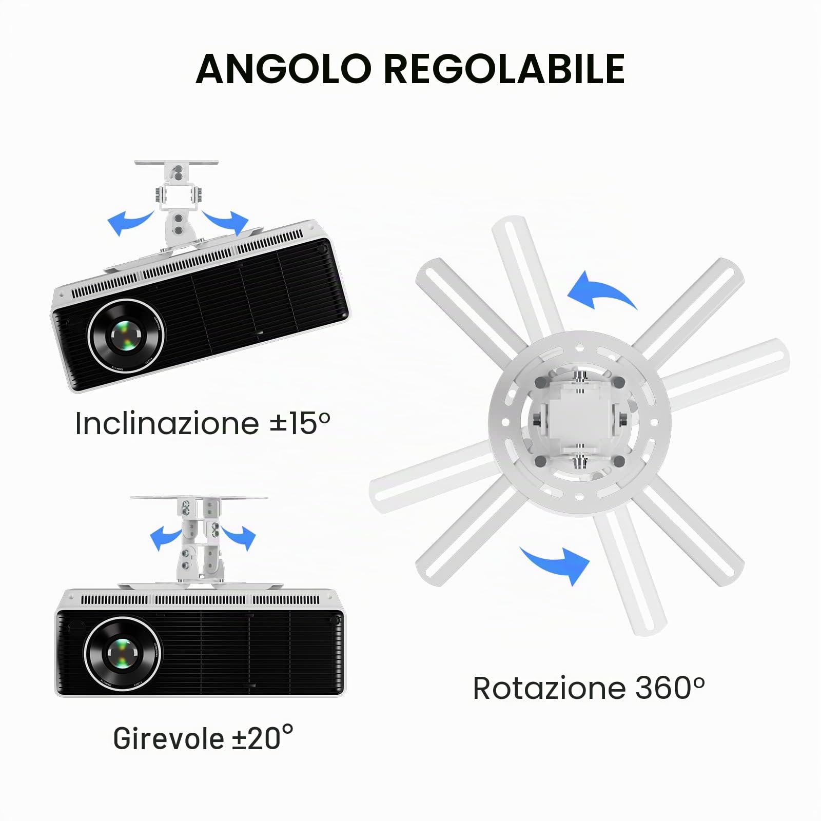 XINLEI Supporto da parete a soffitto universale per proiettore con rotazione di 360°, rotazione di 40° e inclinazione di 30°, morsetto regolabile per impieghi gravosi, capacità 13,6 kg, bianco PR14W