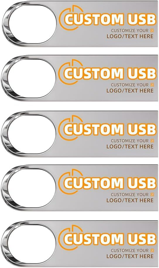 Custom Personalized USB Flash Drive 5 Pack 4GB/8GB/16GB/32GB/64GB/128GB/256GB, Metal Style USB 2.0 Thumb Drive, Waterproof Memory Stick Small Size USB Drive for Office/Clients/School and More