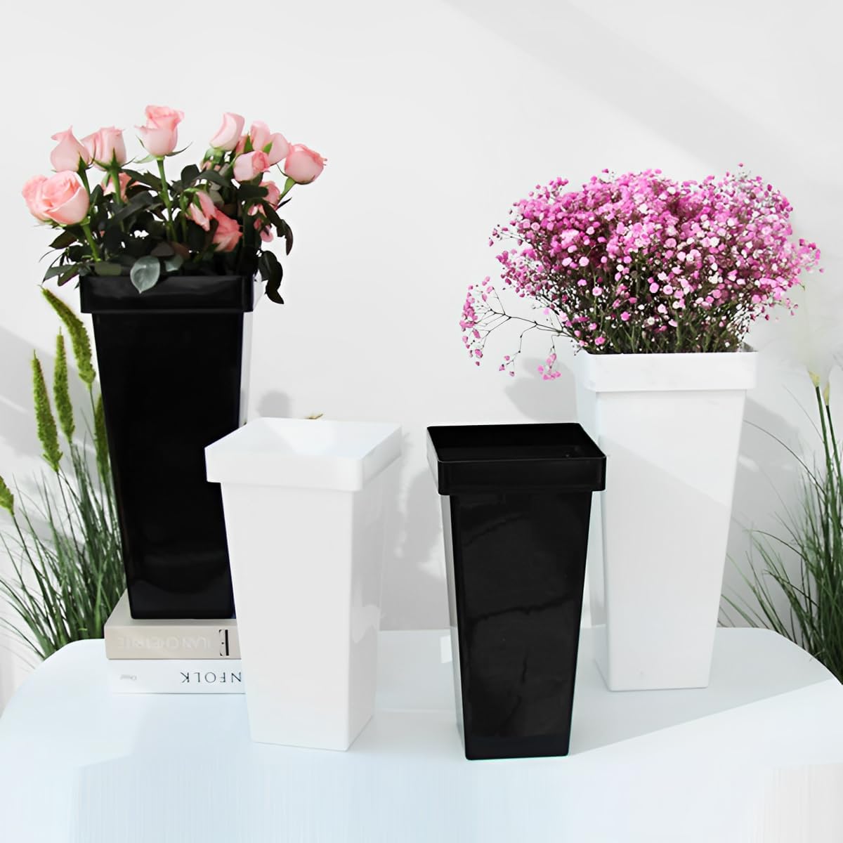 6 Pack 13.4 Inch Square Plastic Flower Buckets - Modern Floral Vases for Cut Flowers, Centerpieces, Home, Office & Wedding Decor (White/Black)