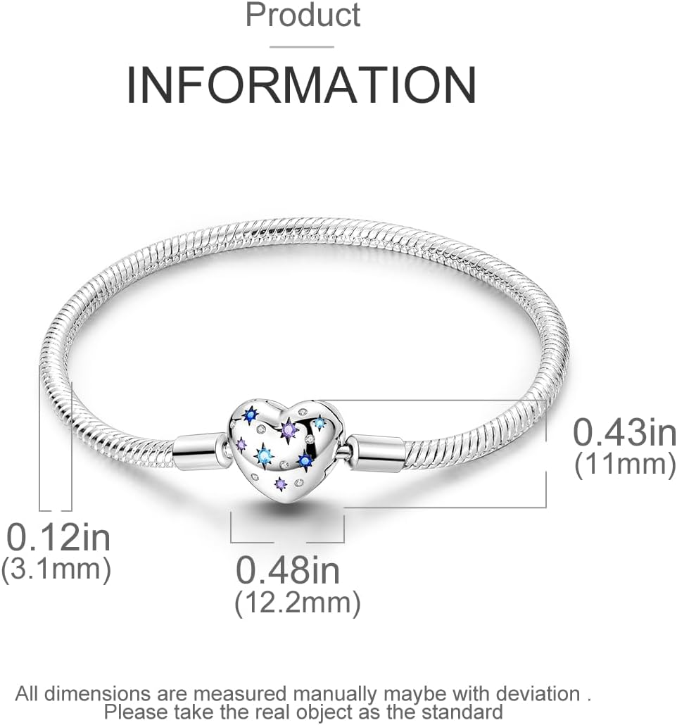 Charm Bracelet for Women Sterling Silver, Heart Clasp Snake Chain Bracelet Travel Charm Moments European Bracelet Jewelry Compatible with Pandora Charms, Gift for Her - Image 4