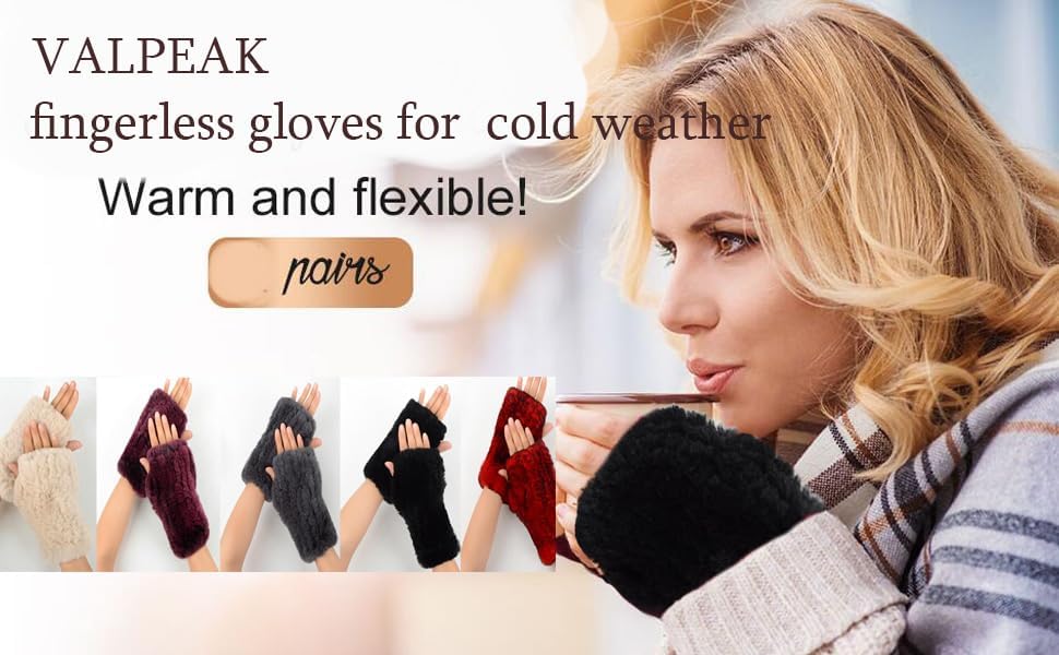 Valpeak Womens Rabbit Fur Winter Mittens Knitted Fingerless Gloves - Image 6