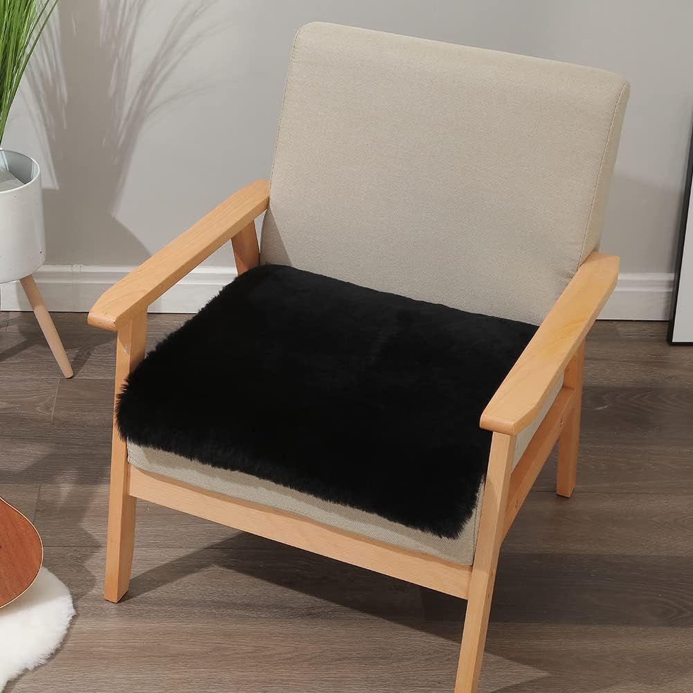 LLB Sheepskin Chair Covers Office Chair Cushion Dining Room Chair Pads Desk Chair Seat Cushion for Computer Chair Fur Area Rugs for Living Room 19x19 Inch (Pack of 1), Shearling Black
