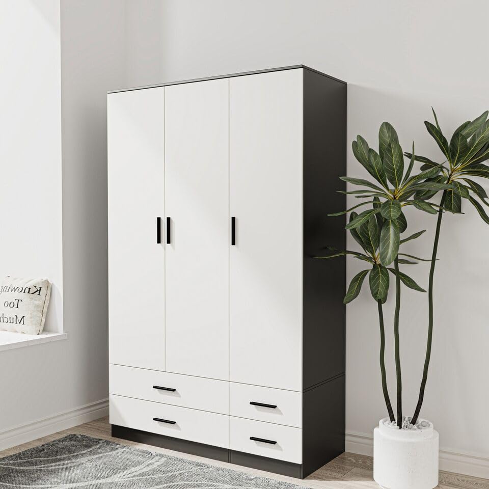 URBNLIVING Modern 3 Door 4 Drawer Wardrobe with Hanging Rail, Bedroom Furniture, Storage Shelf Clothes Organiser Stylish Design, Ample Storage Solution (Black & White)