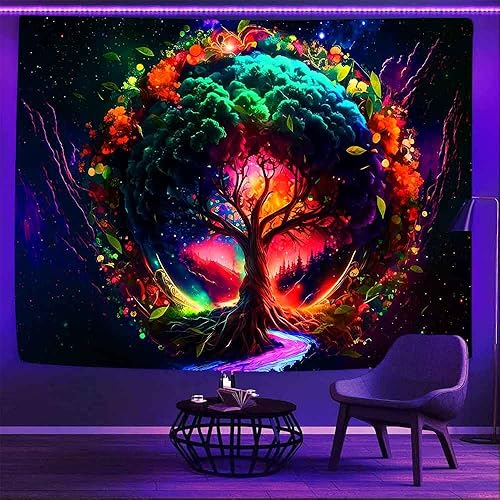 Miniatura 2 de Ine Ive Tapiz de árbol de la vida con luz negra, 80 x 60 pulgadas, fantasía, noche estrellada, tapiz UV, impresionista, luna vibrante, flores,