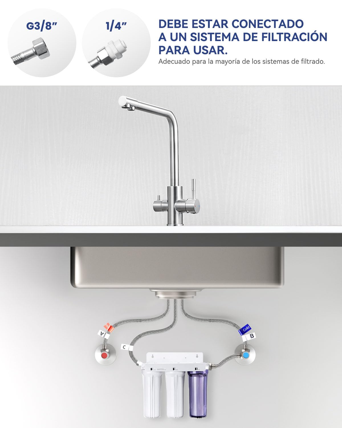 Grifo Cocina 3 Vías, Grifo Osmosis con 2 Palancas, Grifo de Cocina Fregadero con Agua Fría y Caliente y Agua Filtrada, Acero Inoxidable Cepillado, Giratorio 360°（Sin Purificador de Agua）