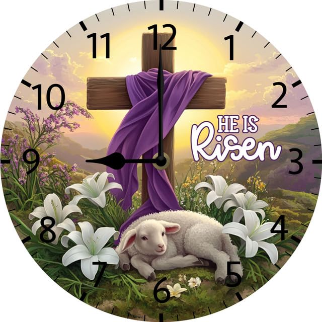 Christian Wall Sign Bible Verse Art He is Risen Wall Clock Vintage Wooden Battery Operated Non Ticking 10inch Clock Silent Art Rustic Wood Clock for Home Bedroom Kitchen Office