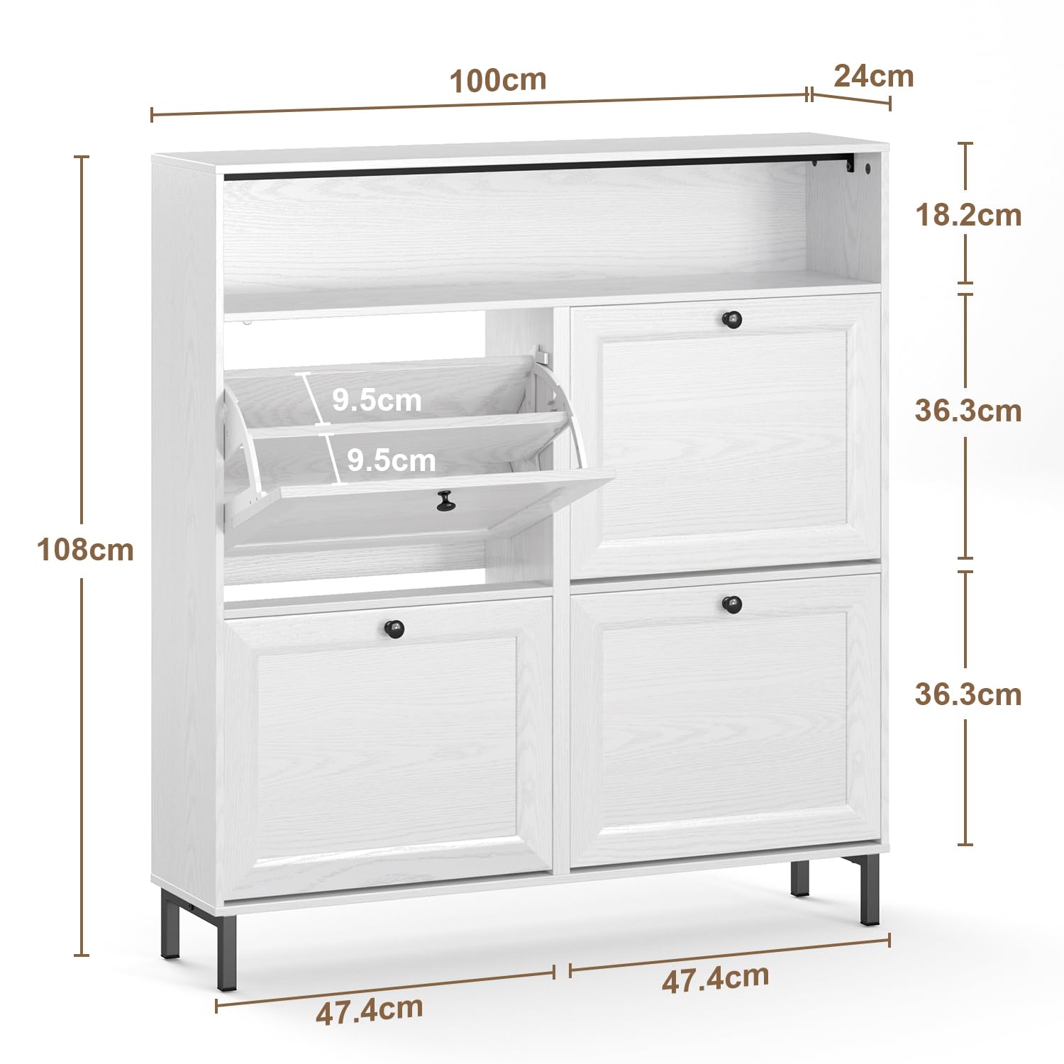 Armario Estrecho para Zapatos, Mueble para Zapatos, Zapatero con 4 Compuertas, 1 Estante Abierto, Divisores Ajustables, para Pasillo, Área de Entrada, 99 x 24 x 108 cm (Blanco)