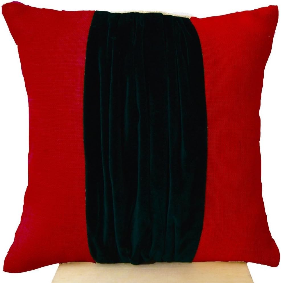Amore Beaute Handmade Red Jute(Hessian) Decorative Cushion Cover with Black Velvet Colourblock Design - Contemporary Colour Block Cushion Covers - Gifts (45 x 45 cm)