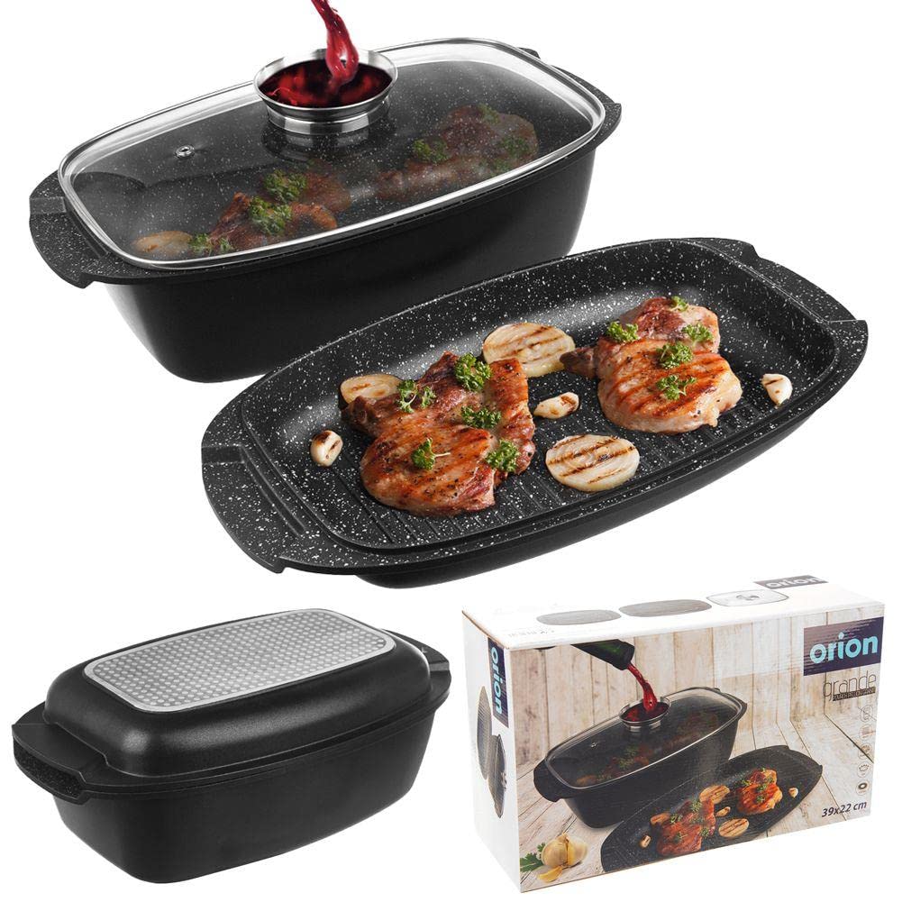 orion group Granitowa brytfanna z powłoką granitową, garnek do duszenia z pokrywką, patelnia grillowa 3 w 1 Grande 5 l