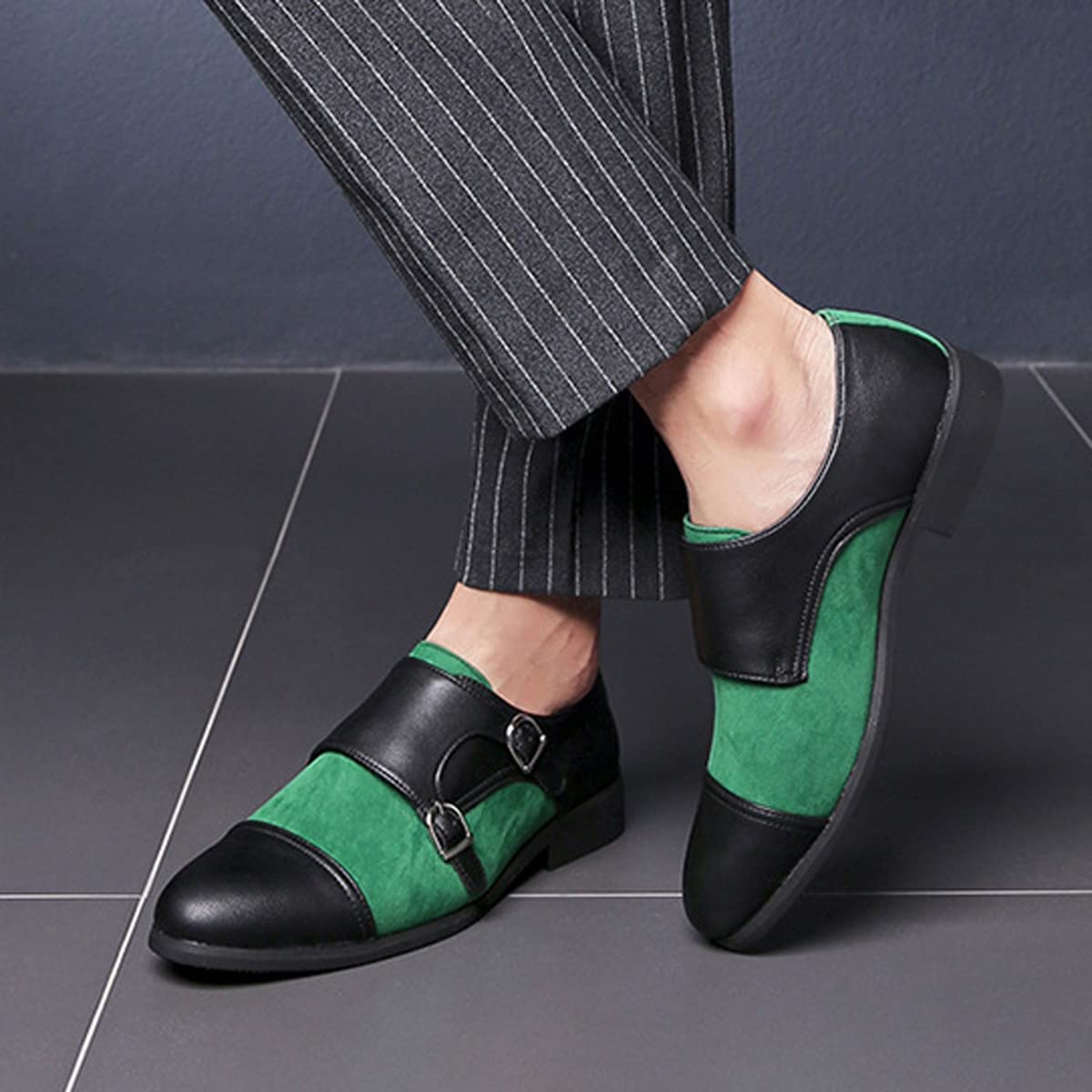 Zaylee Herren Mönchschuhe Abendschuhe Elegante Schnallenschuh Lederschuhe Runde Zehen Hochzeitsschuhe,EU41-Grün