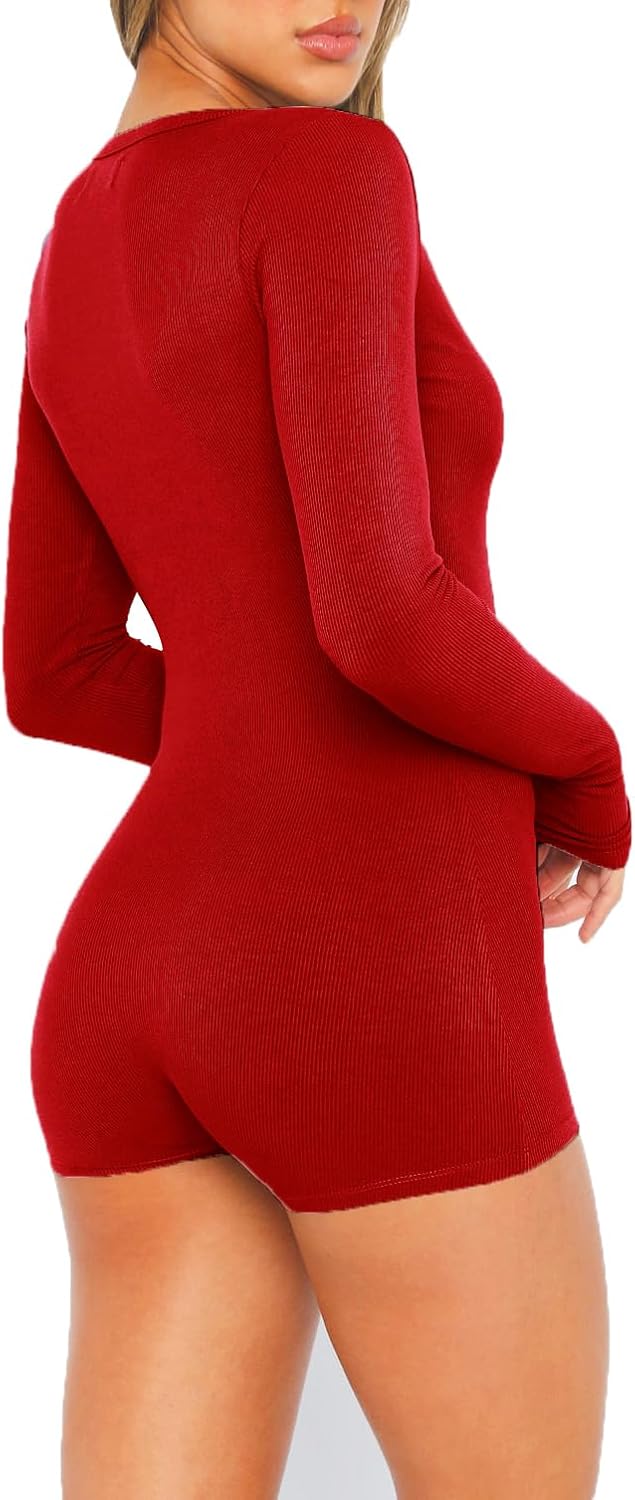 INFITTY Women Long Sleeve V Neck Rompers Ribbed Button Down Yoga Rompers Sexy Pajama Unitard Outfit - Image 2