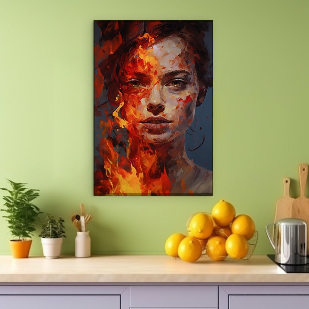 Canvas for Living room. Mystic Flames: The Enigmatic Beauty of a Dual-Eyed Woman Adrift in Fiery Elegance, 27 x 18 inch Canvas Wall Art - Contemporary Masterpieces - Modern Home Decor