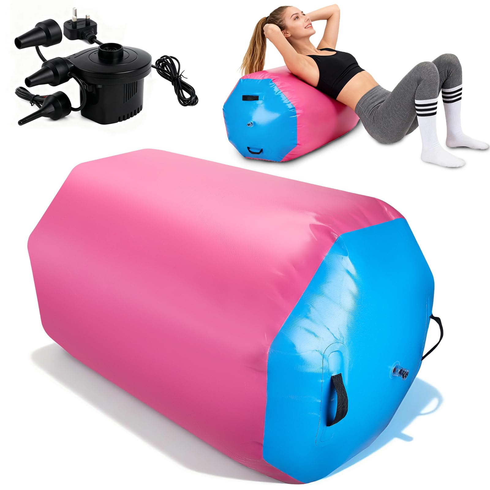 Air Roller Inflatable Gymnastics Tumbling Barrel, Gymnastics Mat Air Barrel with Electric Pump, Tumble Track Mat Backbend Trainer, Back Handspring Mat for Yoga Gym Training Backflip Home Use, 70*90cm