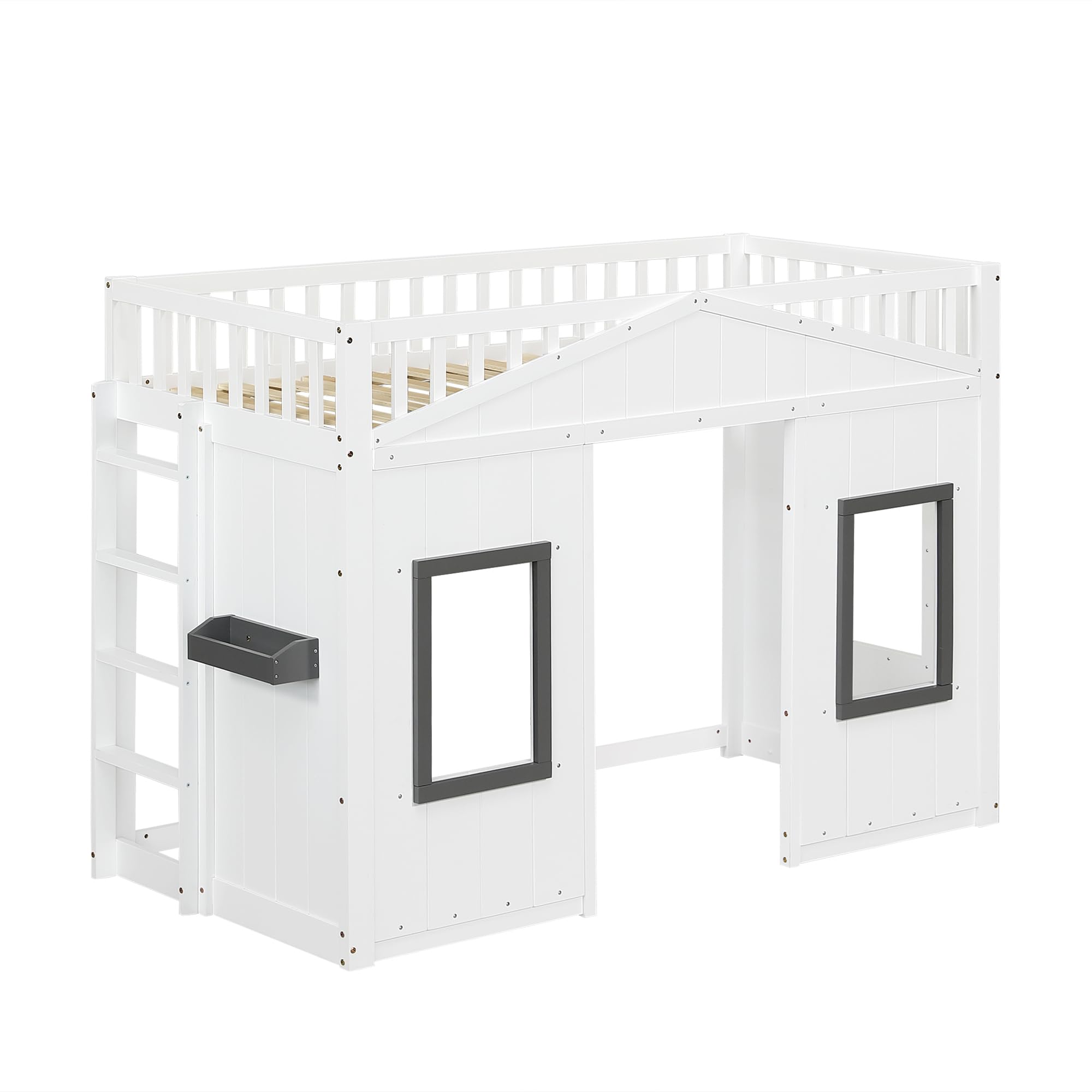 Kinderbett Etagenbett 90x200, Hausbett Hochbett mit Fenster & Regal, Bettgestell mit Rausfallschutz und Lattenrost, Funktionsbett Stockbett Spielbett Jugendhochbett, Kiefernholz, Ohne Matratze, Weiß