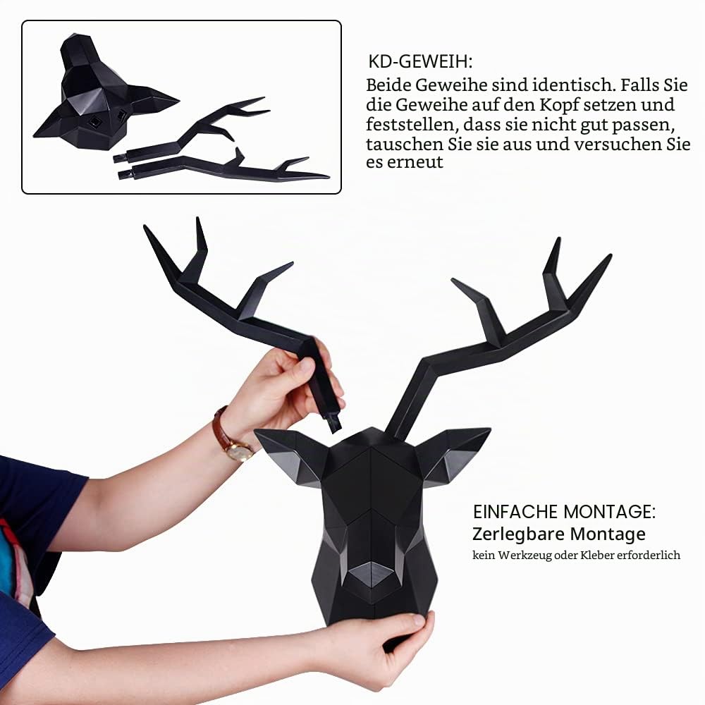 Hirschkopf-Wanddekoration, geometrisches schwarzes Hirschgeweih, Wandskulptur, Kunstharz, Wand-Tierkopf, 48,3 x 17,8 x 43,2 cm