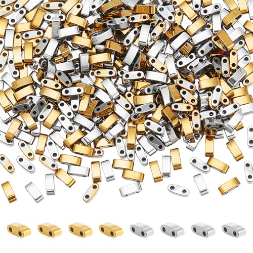 NBEADS 386 Pcs Perles Tila, 5x2mm Or et Argent, Hématite Synthétique, 2 Trous, Mini Perles Japonaises pour Bijoux
