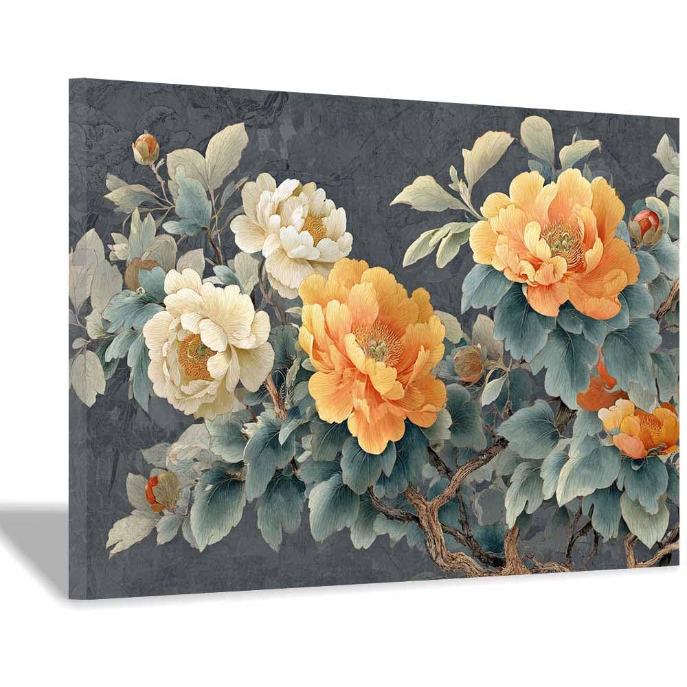 ZAMAEIU Nature Landscape Picture Peony branch Large Modern Scenic Painting, for Living Room Bedroom Bathroom Dinning Room Home Office Wall Decor(yellow)-70x100cm Framed