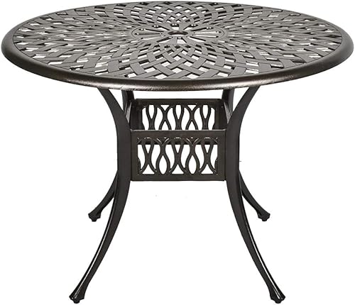 Mesa redonda para patio al aire libre con agujero para paraguas, mesa de comedor de aluminio fundido para patio trasero, jardín o porche, 41.3