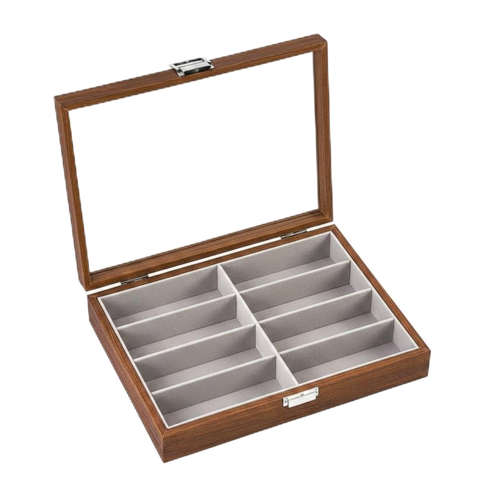 Étui de Rangement Lunettes Boîte Présentation Organisateur Vitrine Couvercle Transparent avec Charnière et Fermoir Protection Contre la Poussière en, Marron, Marron Intérieur Gris