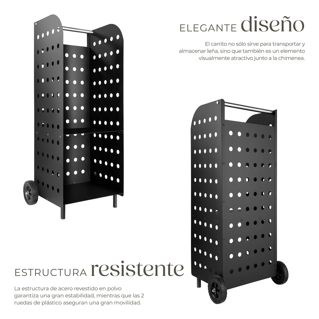 tectake® Carretilla de Chimenea, Carro de Leña con Ruedas Robusta, Bandeja Adicional, Asa de Acero Inoxidable, Estructura Estable de Chapa Perforada, Estante Leña, Leñero Exterior - Negro