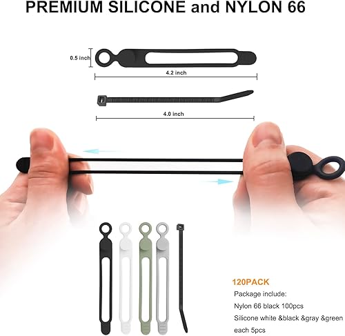 Miniatura 2 de Juego de 120 organizadores de cables, 20 bridas de silicona reutilizables y de nailon, 100 unidades, organizador de gestión de cables elásticos