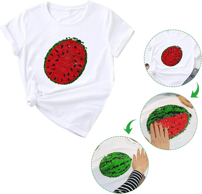Variable Watermelon Graphic T Shirts Watermelon Changing Sequins T Shirts for Women Summer T-Shirt Short Sleeve