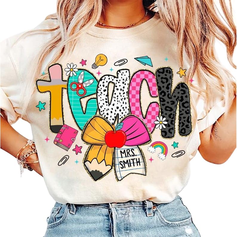 Pencil Coquette Bow and Checkered Leopard Design T-Shirt, Gift for Teachers, Educators, from Students, Parents, Teach Love Inspire Shirt, Back to School Holiday