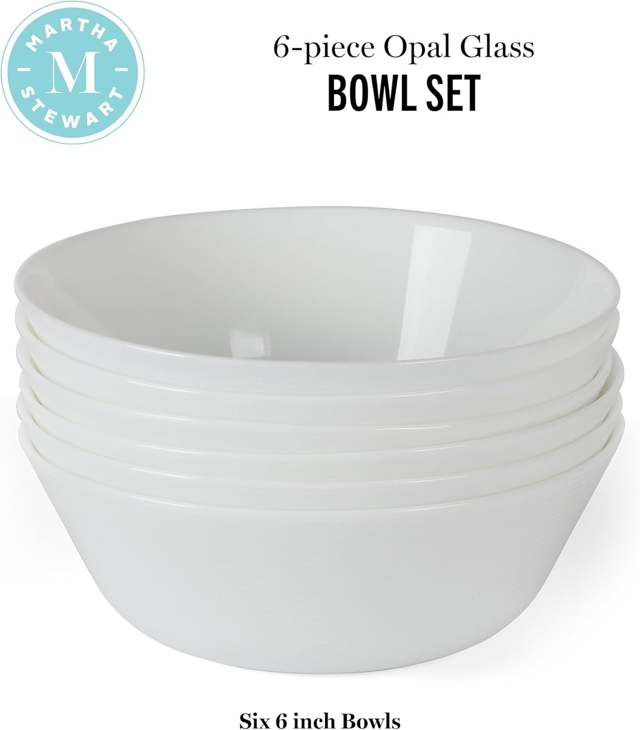 Martha Stewart Opalton 6-Piece 6-Inch Soup and Cereal Bowls – Lightweight, Chip and Break Resistant Opal Glass Bowls for Everyday Use - Image 3