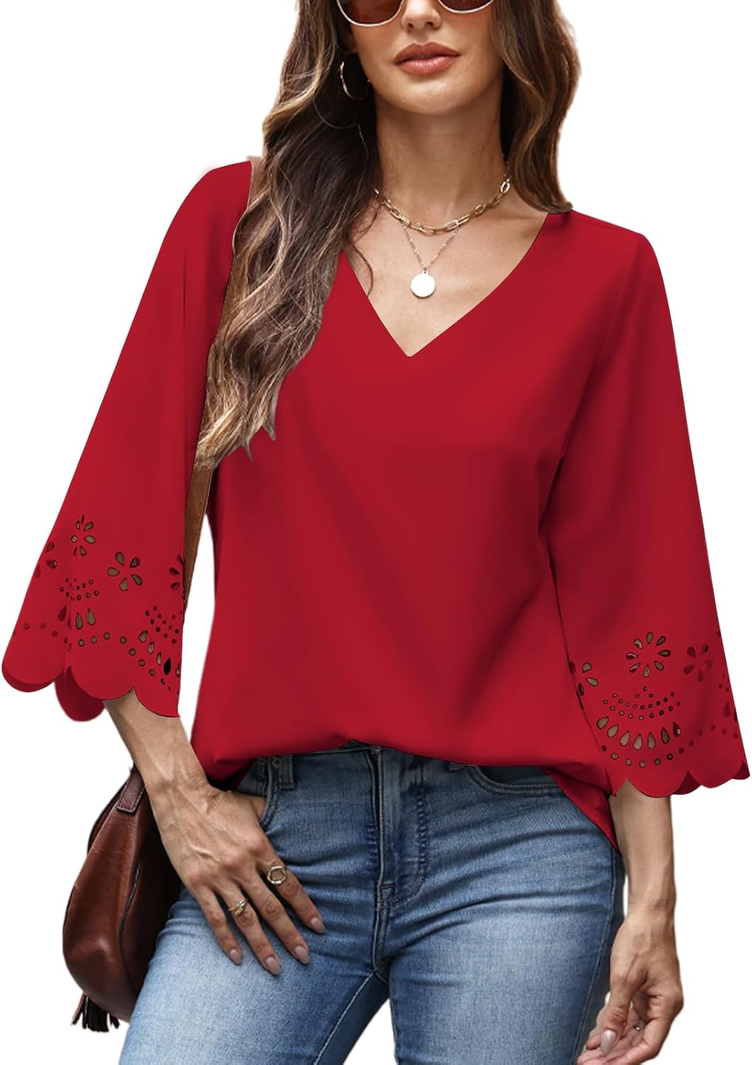 CiCiBird Women's V Neck Blouse 3/4 Bell Sleeve Loose Tops Casual Dressy Eyelet Shirts