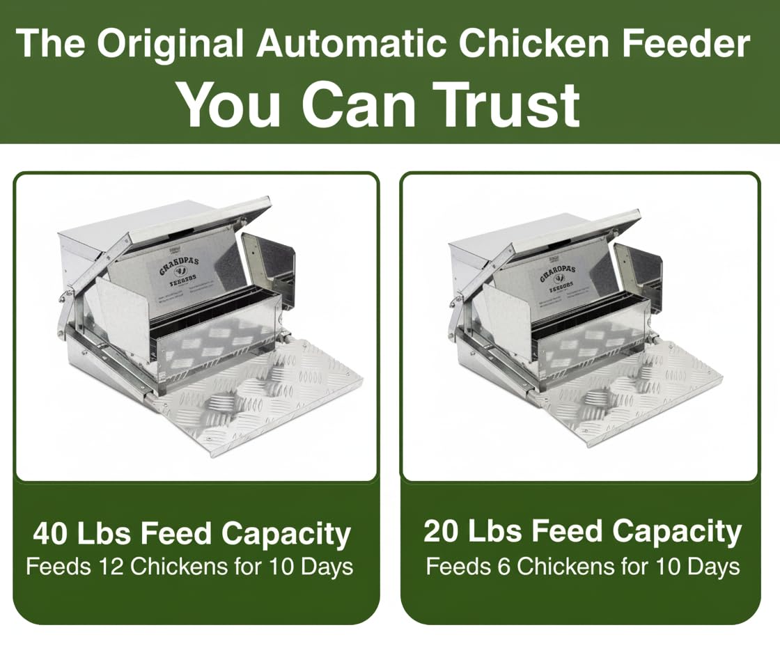 Grandpa's Feeders Hühner-Futterautomatmit Trittplatte - Geflügelfutterautomat rattensicher aus verzinktem Stahl - Kein Verschütten mit wetterfester Abdeckung für 6-12 Hühner 10 Tage (9 Kg Futter)