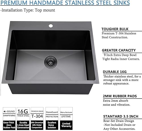 Miniatura 31 de SHACO Fregadero de cocina negro de 21 pulgadas, 21 x 20 pulgadas, montaje superior negro plomizo de acero inoxidable calibre 16, estación de trabajo