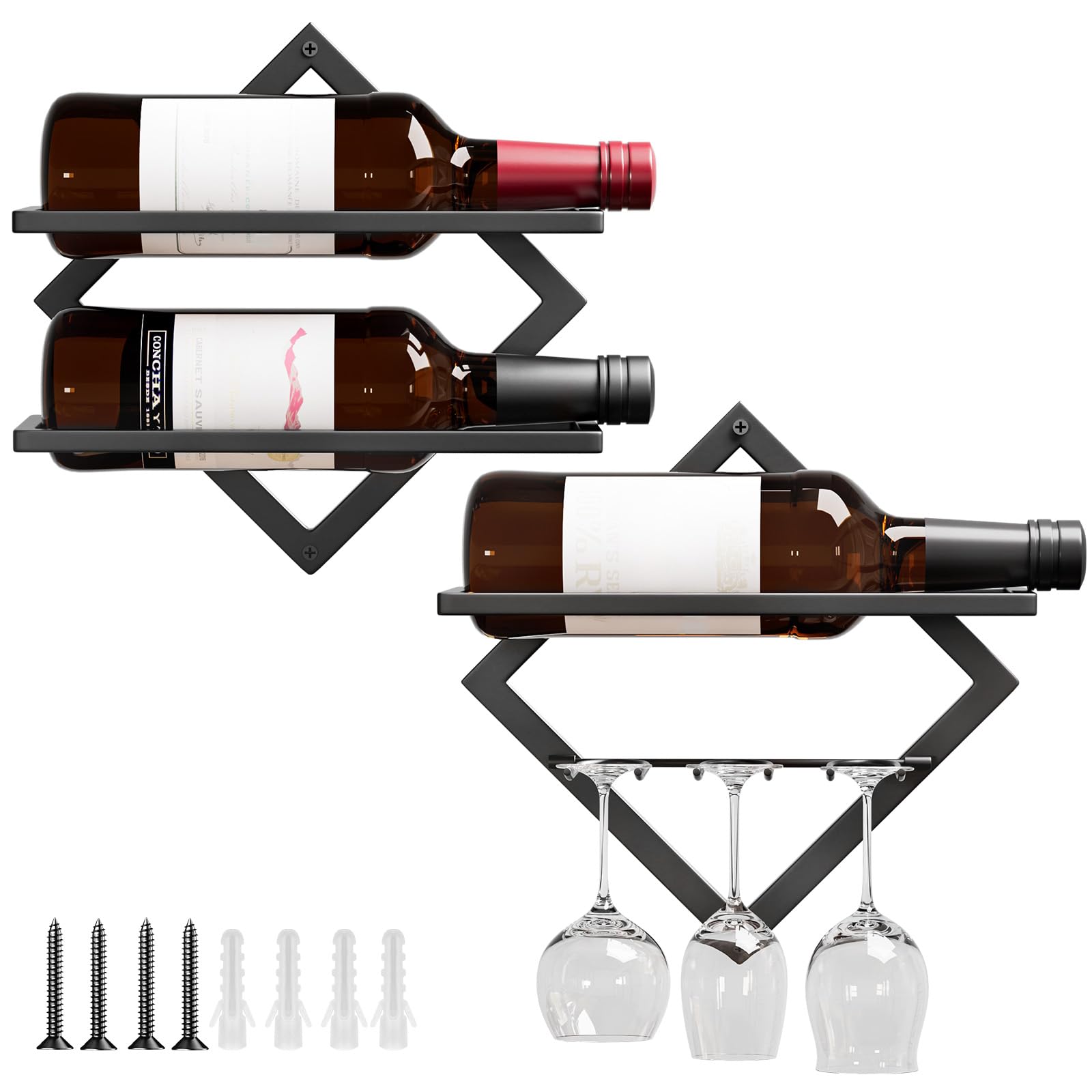 YORBAY Botellero de Pared Metálico con Portavasos: Botellero Vino Decorativo Moderno para 3 Botellas y hasta 6 Copas - Mueble Bar Ahorra Espacio para Salón Bar Cocina
