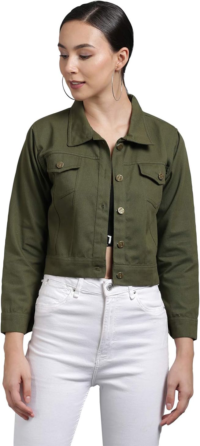 FUNDAY FASHION Women's Cotton twill Solid Full Sleeves Jacket(SYS-D4289m_Army Green_Medium)