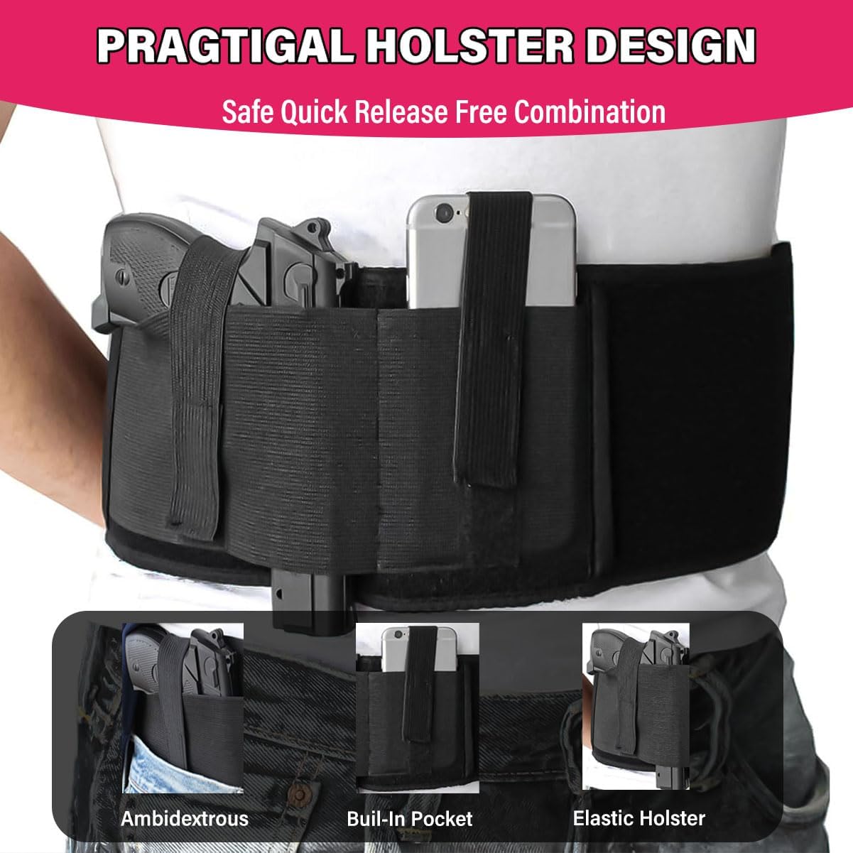 Belly Band Holster for Concealed Carry, Elastic Waistband Gun Holster for Men, Right and Left Hand Draw, Gun Accessories Fits Shield Ruger Glock 19 17 42 43 43x P238 and Similar Guns - Image 3