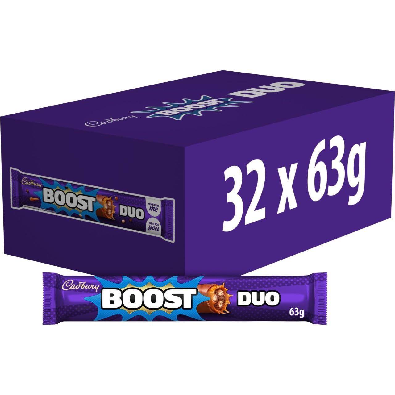Cadbury Boost Duo Chocolate Bar, Milk Chocolate, 63 g (Pack of 32)