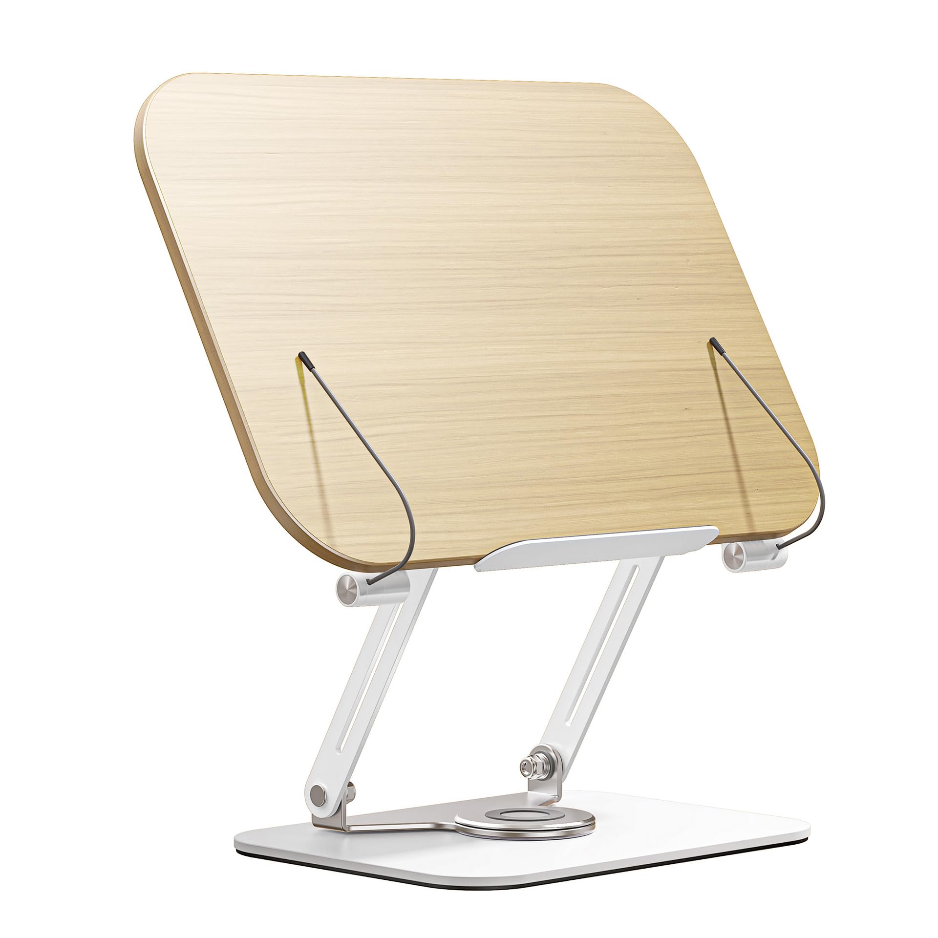 AWAOVV Soporte para libros con base giratoria de 360° para lectura con manos libres, soporte plegable para libros con clips, soporte para placa de madera, fácil instalación, fácil de usar