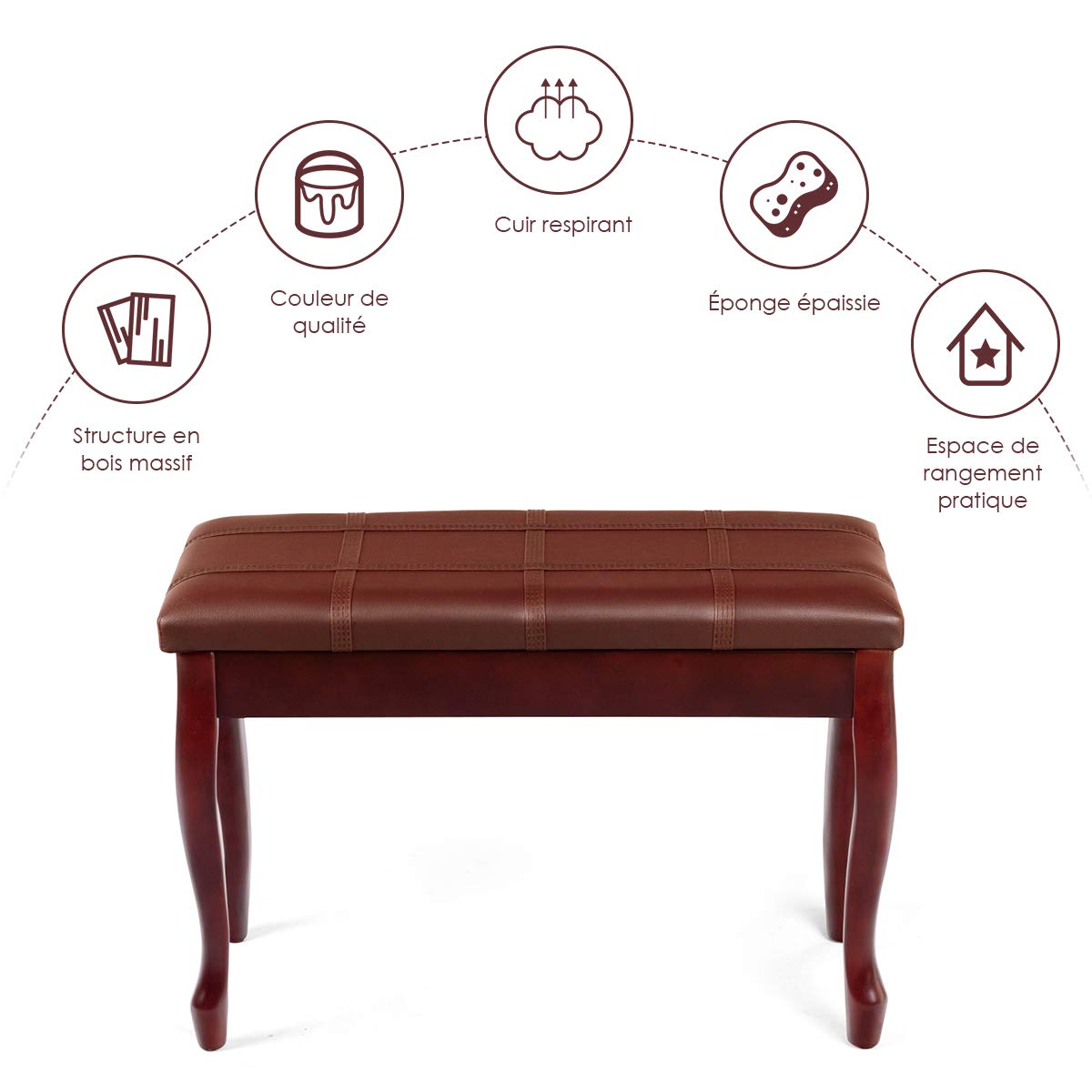 GOPLUS Banc de Piano Double en Bois Massif Robuste avec Siège Rembourré en Cuir PU, Tabouret Piano 2 Places avec Compartiment de Rangement, Charge Max 180KG (Marron, Pied Incurvé,Bande)