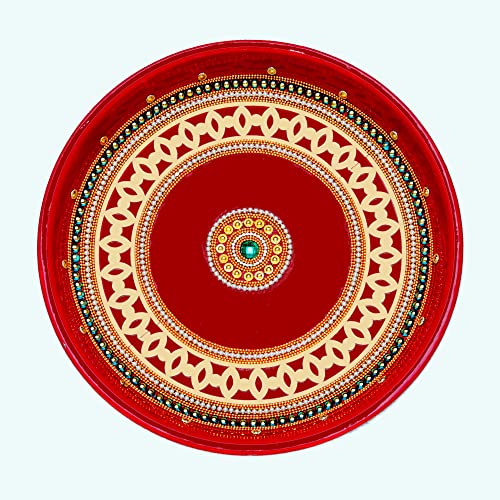 Handcrafted Pooja Thali Plate Platter Engagement Plate Stainless Steel Puja Thali with Essential Pooja Articles for Indian Traditional Festival Aarti Puja Item Ganesha Decoration(Size-10")(Red)