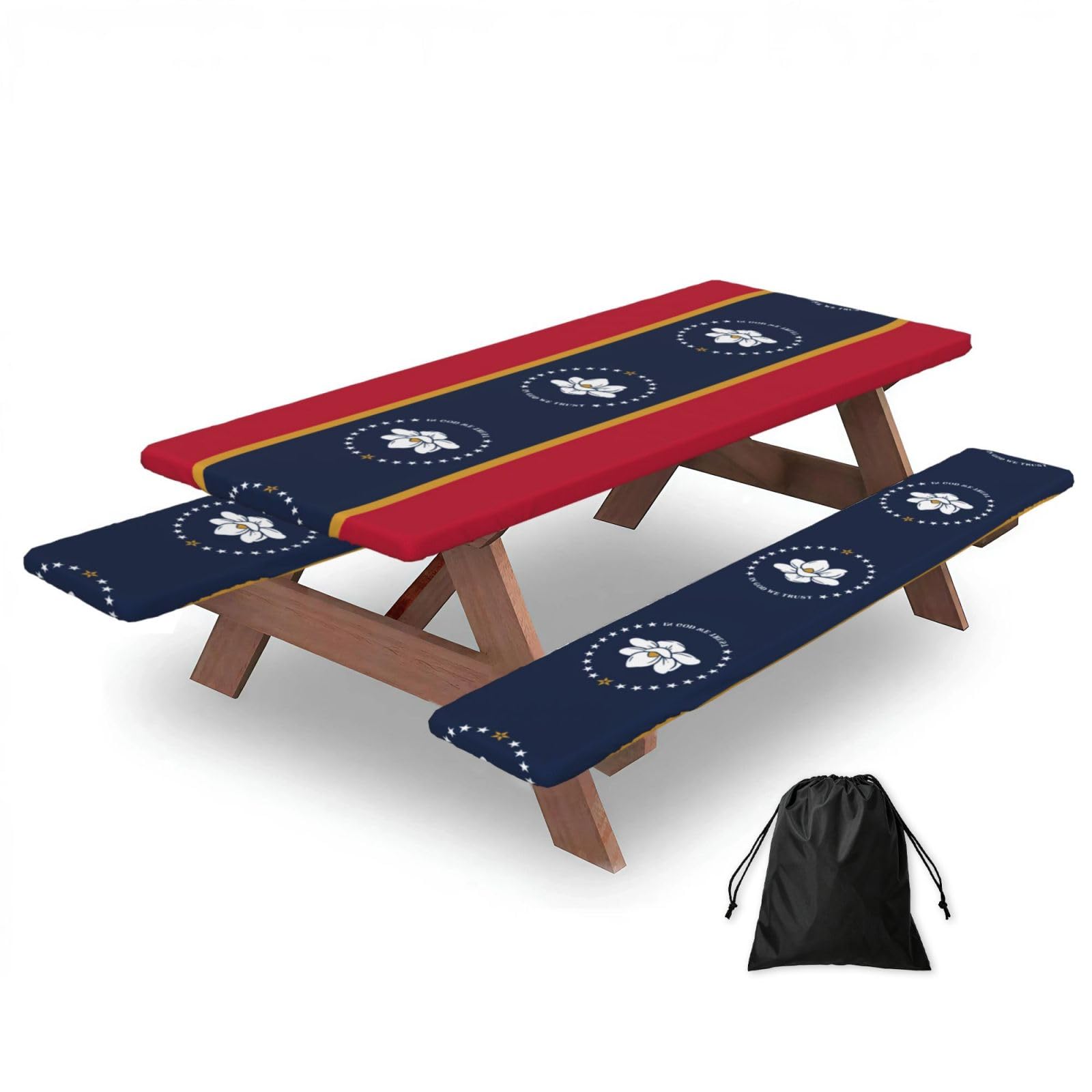 Duwaa Black Mississippi State Flag Print 183Cm Picnic Table Cover With Bench Covers, Waterproof Elastic Tablecloth Set For Outdoor