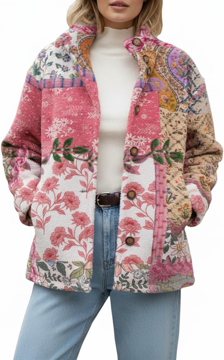 Akivide Women's Winter Warm Cute Floral Fleece Jackets Oversized Casual Soft Fuzzy Button Sherpa Coat