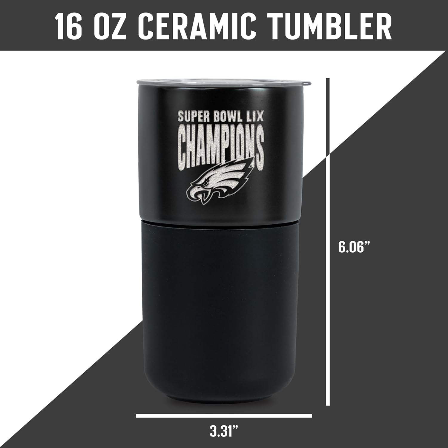 Greater Distance NFL Football Philadelphia Eagles 2025 Super Bowl Champs 16-oz Black Ceramic Tumbler with Black Silicone Grip, Deep Laser Engraved, Travel Coffee Mug, Matte Glaze