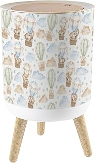 Bathroom Trash Can with Lid Cute Watercolor Hot Air Balloon Animals Clouds 1.8 Gal/7L Round Plastic Waste Baskets Dog Proof Trash Can Garbage Bin Kitchen with Removable Legs