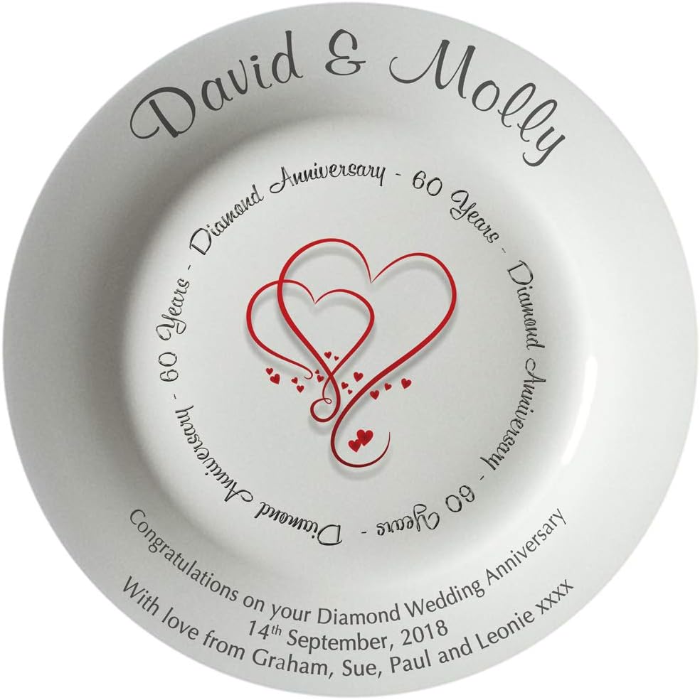 Personalized Bone China Commemorative Plate - 60th (Diamond) Wedding Anniversary - Hearts Design