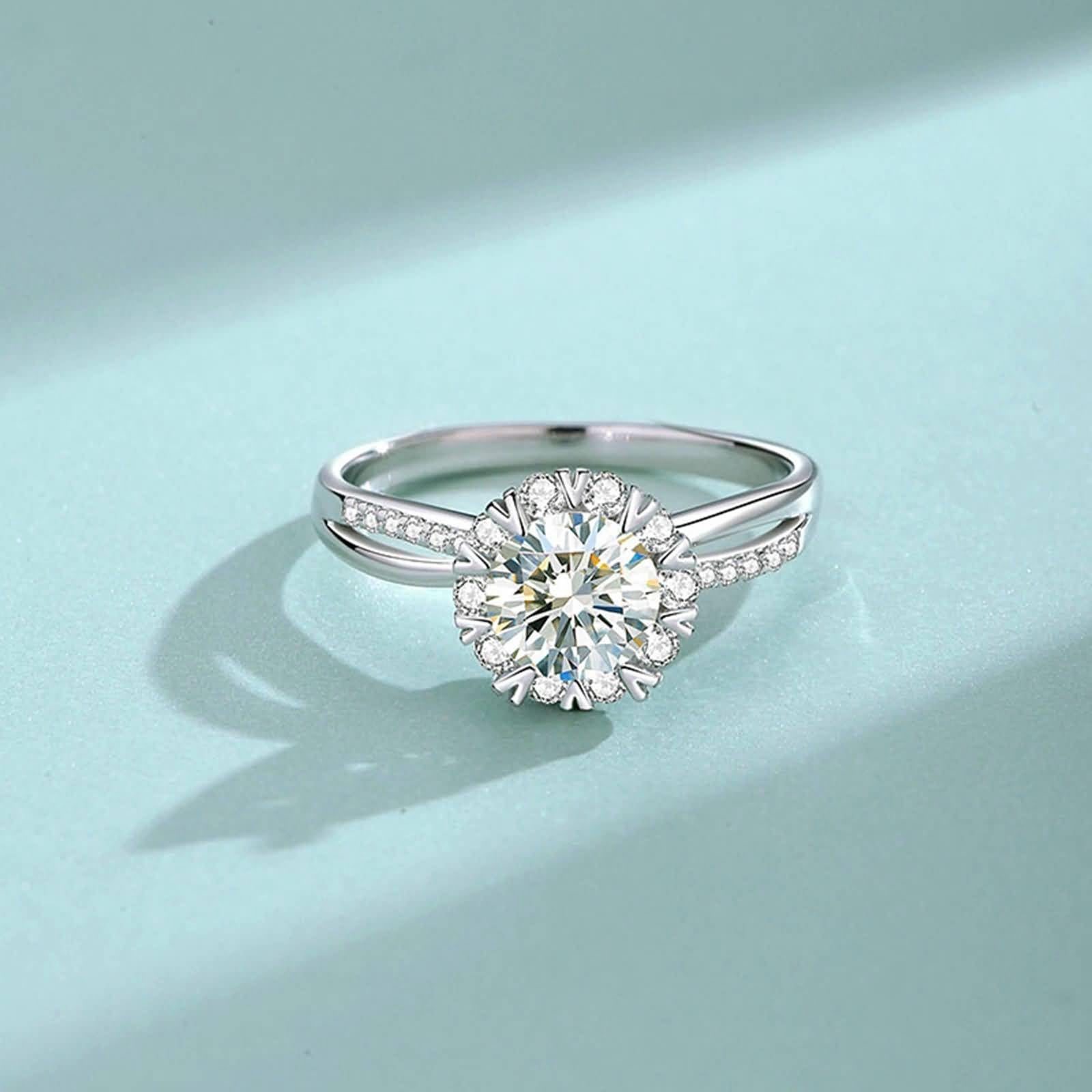 Anillos de compromiso con moissanite de 1 ct, anillo de boda de oro auténtico Halo Moissanite, anillos de boda de oro blanco para mujer