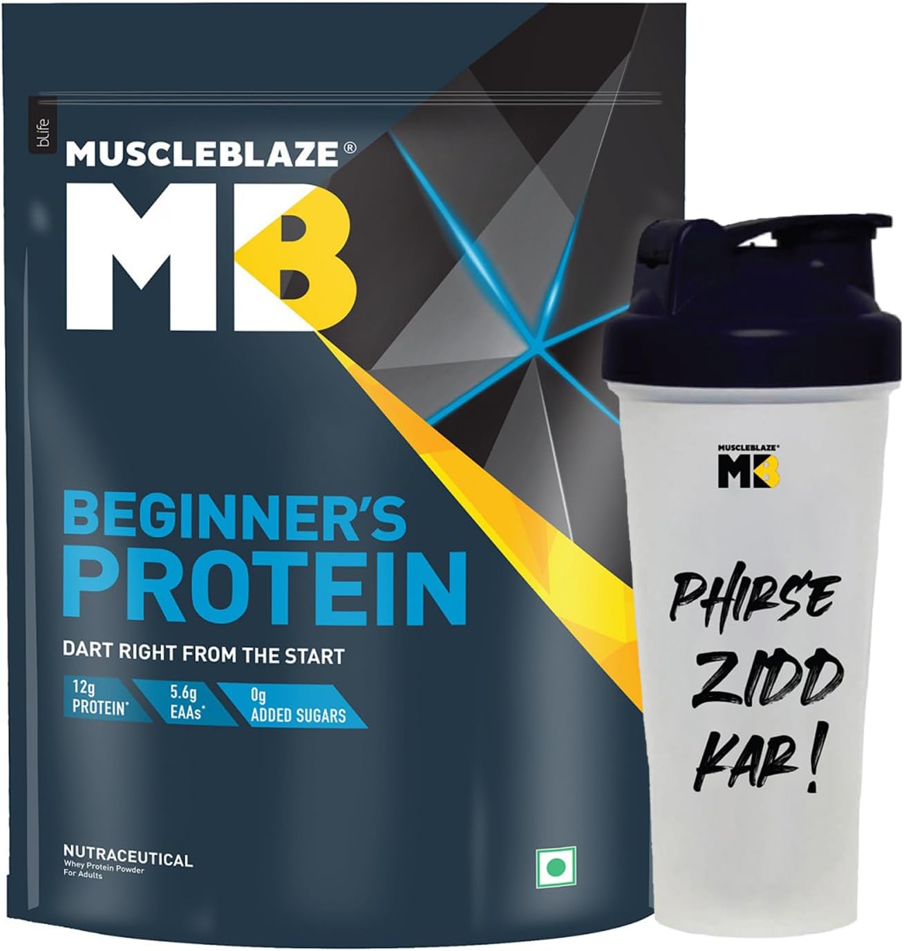 MuscleBlazeBeginner's Whey Protein (Chocolate, 1 kg / 2.2 lb) No Added Sugar, Faster Muscle Recovery & Improved Strength with Shaker, 650 ml (Combo Pack)