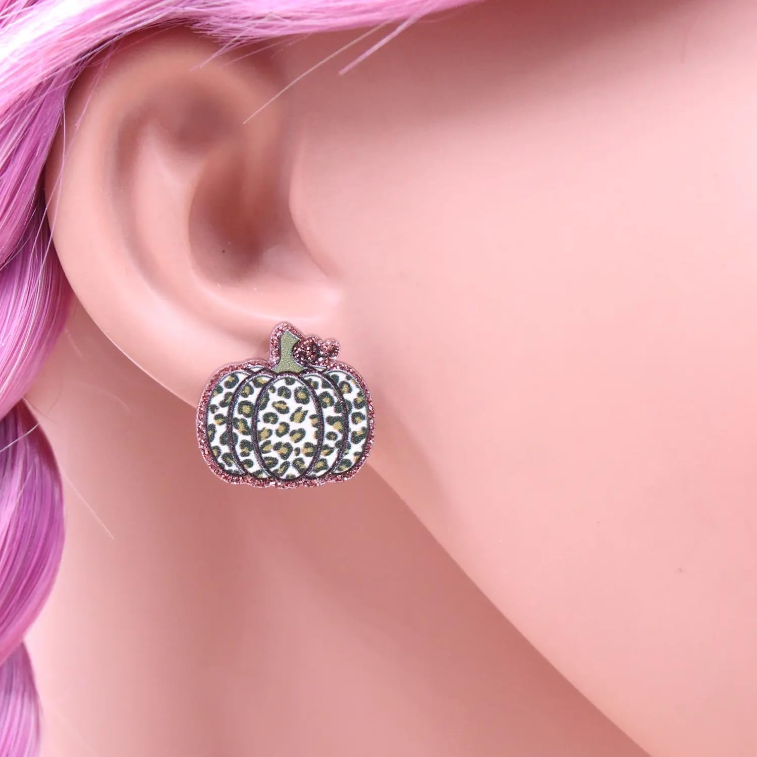 Luaa Leopard Print Pumpkin Stud Earrings for Women – Fall Acrylic Earrings with Glitter Outline – Stainless Steel Posts – Autumn Colors Halloween and Thanksgiving Jewelry – 0.75 Inch - Image 6